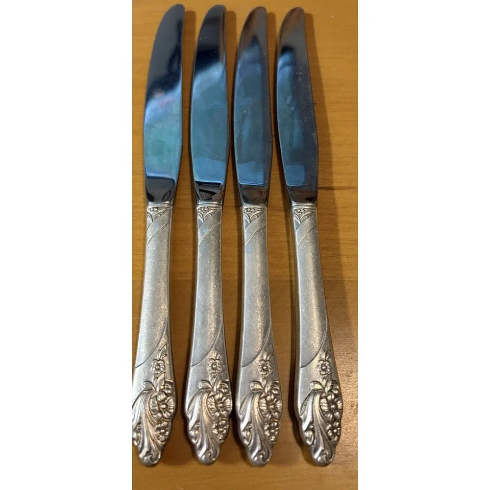 Lot 4 Oneida Community Evening Star Dinner Knives Stainless Blades Silverplate